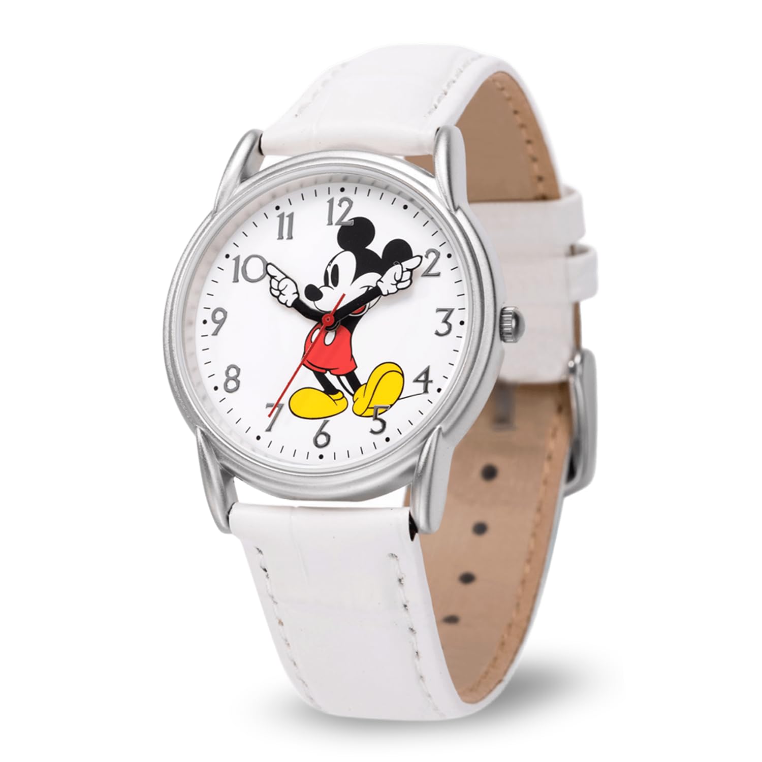 Disney Mickey Mouse Adult Classic Cardiff Jointed Hand Analog Quartz Leather Strap Watch White 2 - Silver Case/White
