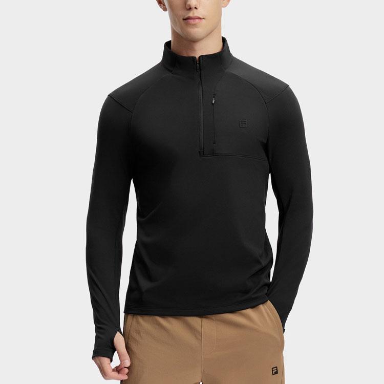 Fila Solid Color Stand Collar Pullover Knit Long Sleeve T-Shirt Men Tops Deep-Black A11M417201F-BK