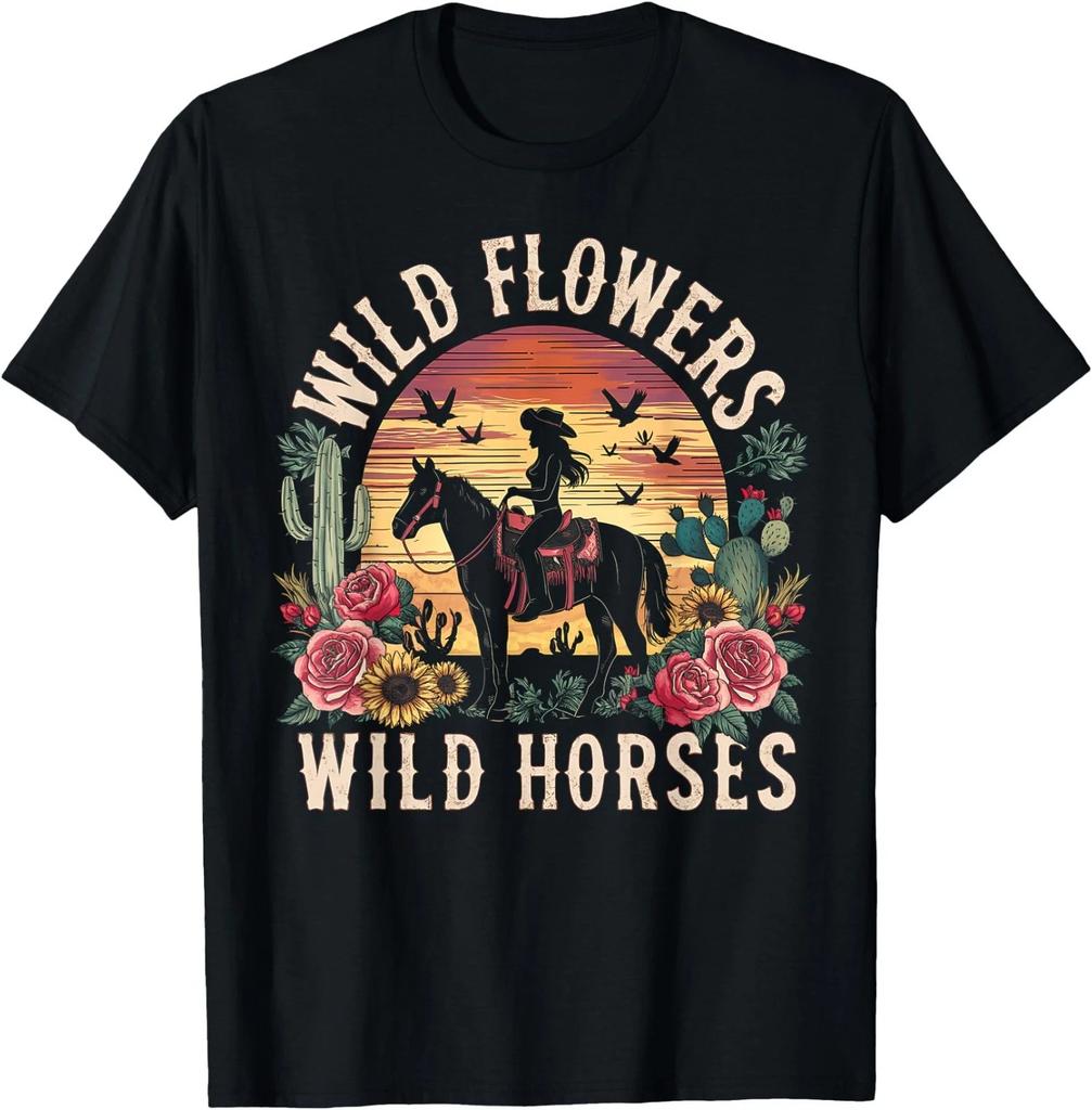 Retro Southern Sunset Cowgirl Wild Flowers Wild Horses T-Shirt