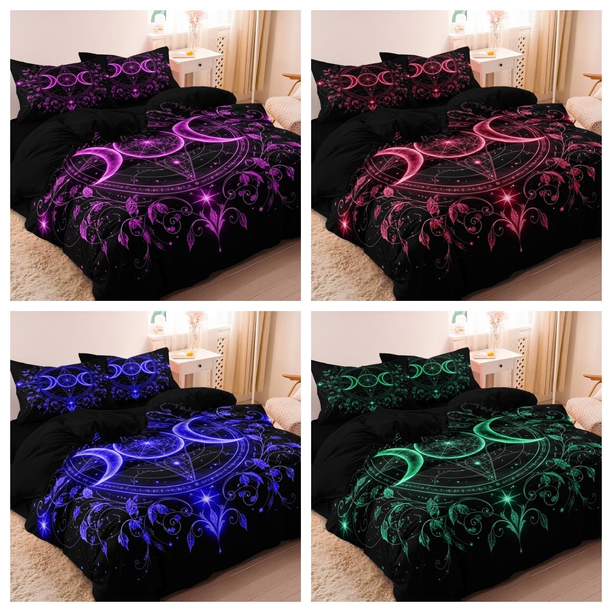 Grosstor Unisex Purple 3Pcs Set Gothic Triple Moon Starry Duvet Cover, Delicate Botanical Mandala Bedding, For Themed Hotel & Dorm Decoration