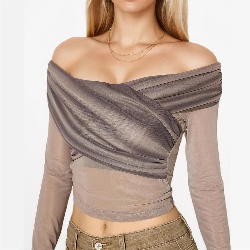 

Осенний женский сексуальный повседневный пуловер с одним вырезом и длинными рукавами в стиле тай-дай L серый