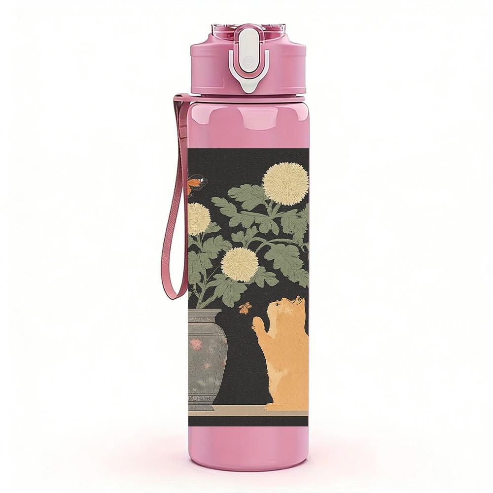 1PC Flower Vase Hand Painting 750ml Color Plastic Sports Water Bottle Leakproof Flip Straw Lid Suitable for Sports Office Home Use