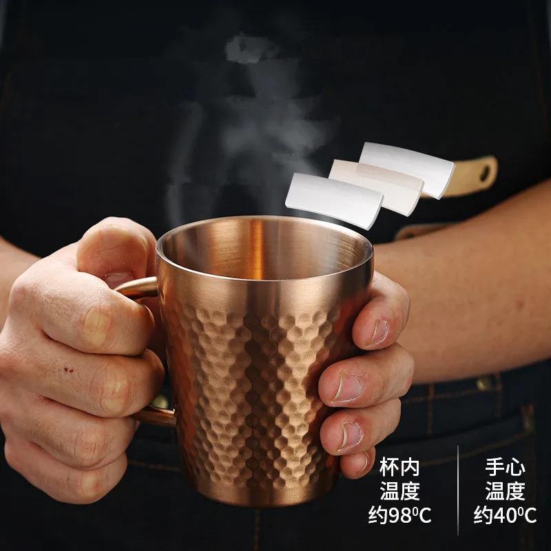 300 ml Dubbellagers Vattenkopp 304 Rostfritt Stål Termisk Kaffe Ölmugg med Handtag Guld Silver Värmeisolering Kaffekopp