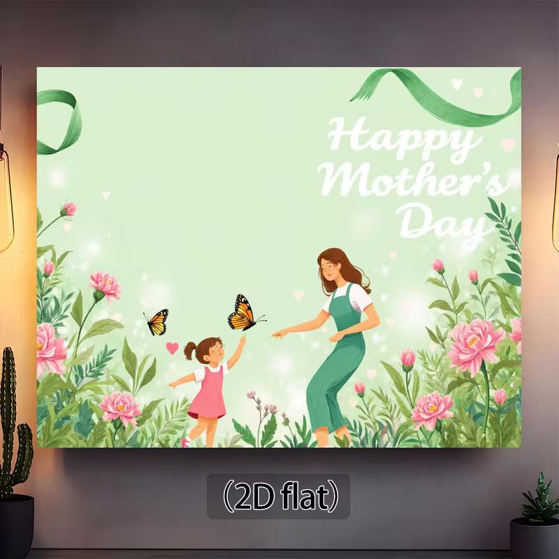 Sweet Mother's Day Tapestry, Soft Green Background with Mom and Daughter Playing Among Flowers, Warm and Loving Wall Art