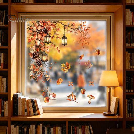 Removable Fall Window Stickers for Home Autumn Static Sticker with Cute Animals & Maple Leaves, Harvest Seasonal Glass Living Room Festival