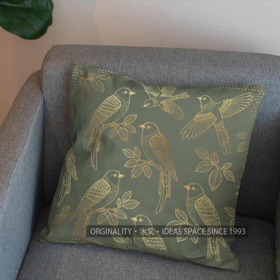 2D Golden Birds And Leaves Pattern Pillow Cover Pattern Cushion Cover Suitable For Sofa Bedroom Car Pillow Cover