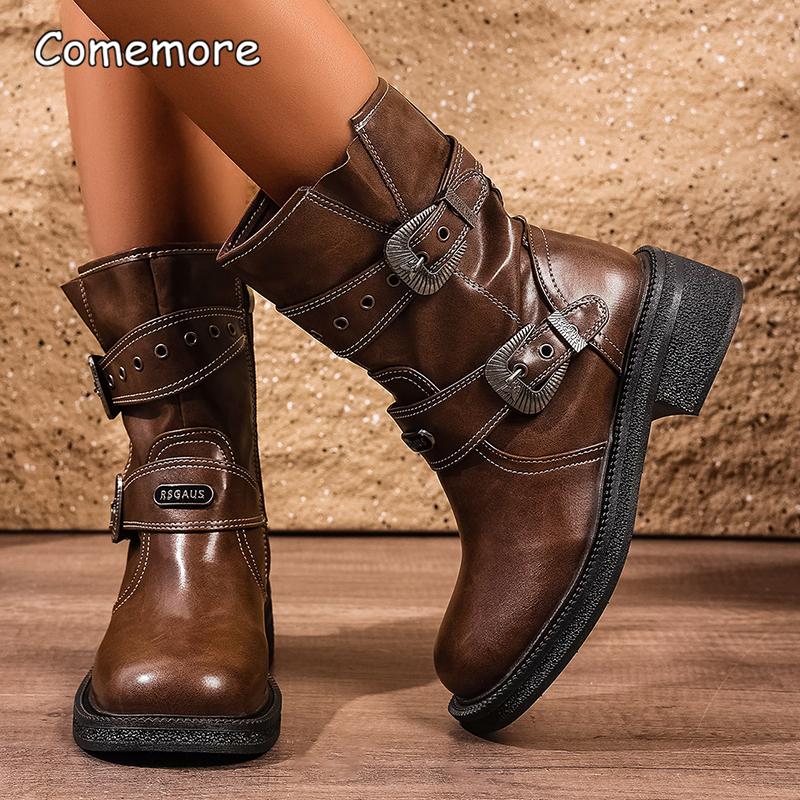 Fashion Vintage Buckle Strap Mid-Calf Boots for Women Brown Pu Leather Motorcycle Shoes Woman Autumn Winter Chunky Heel Booties Fashion
