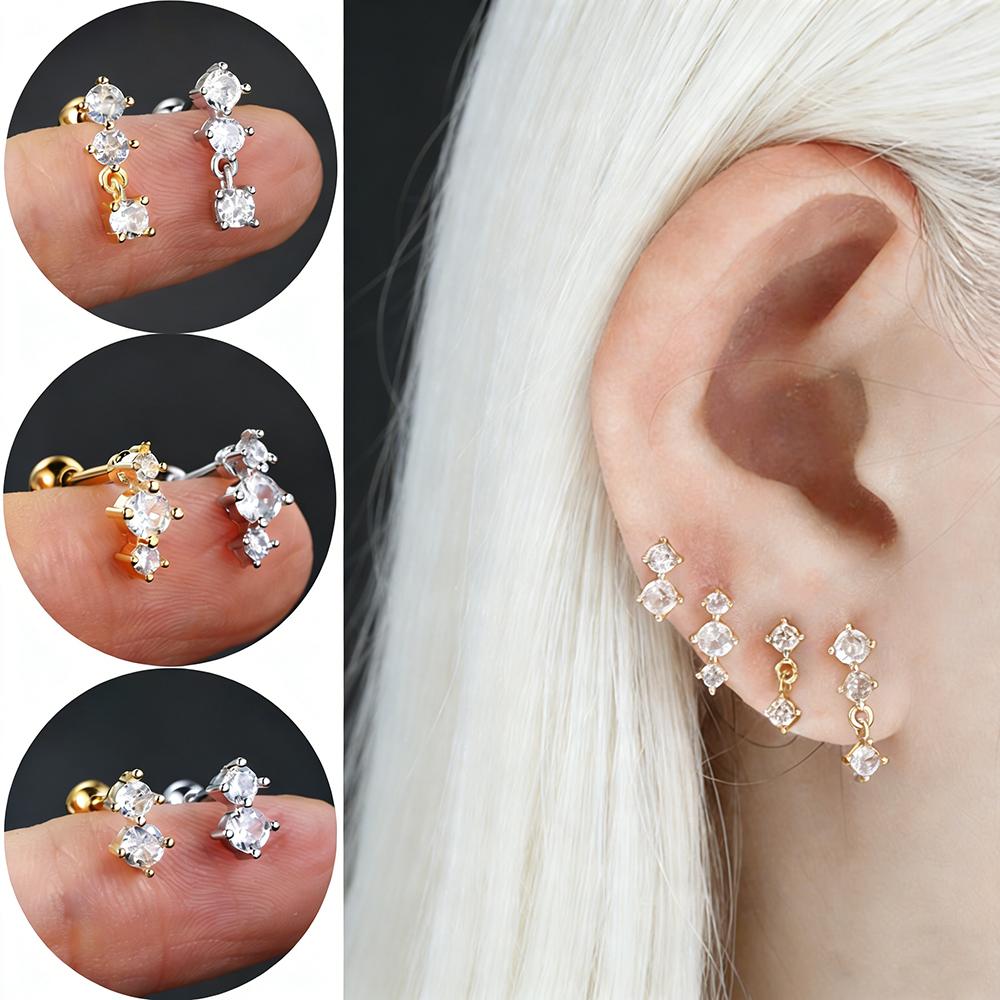 1pc Simple Gold Color Elegant Screw Stud Earring For Women Cute Ear Piercing Lobe Cartilage Accessory Mini Zircon Ear Jewelry