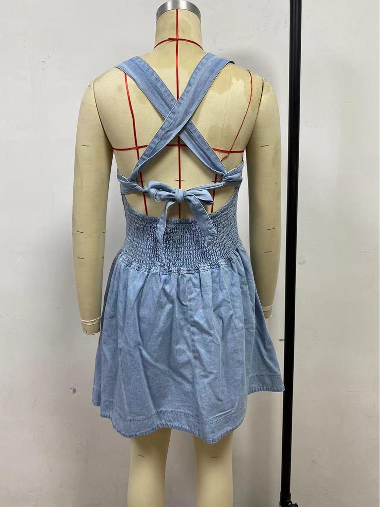 Europäisches & Amerikanisches Damen-Mini-Denimkleid 2025 Sommer, Rückenfrei, Schlank, Hoher Bund, Einfarbig.