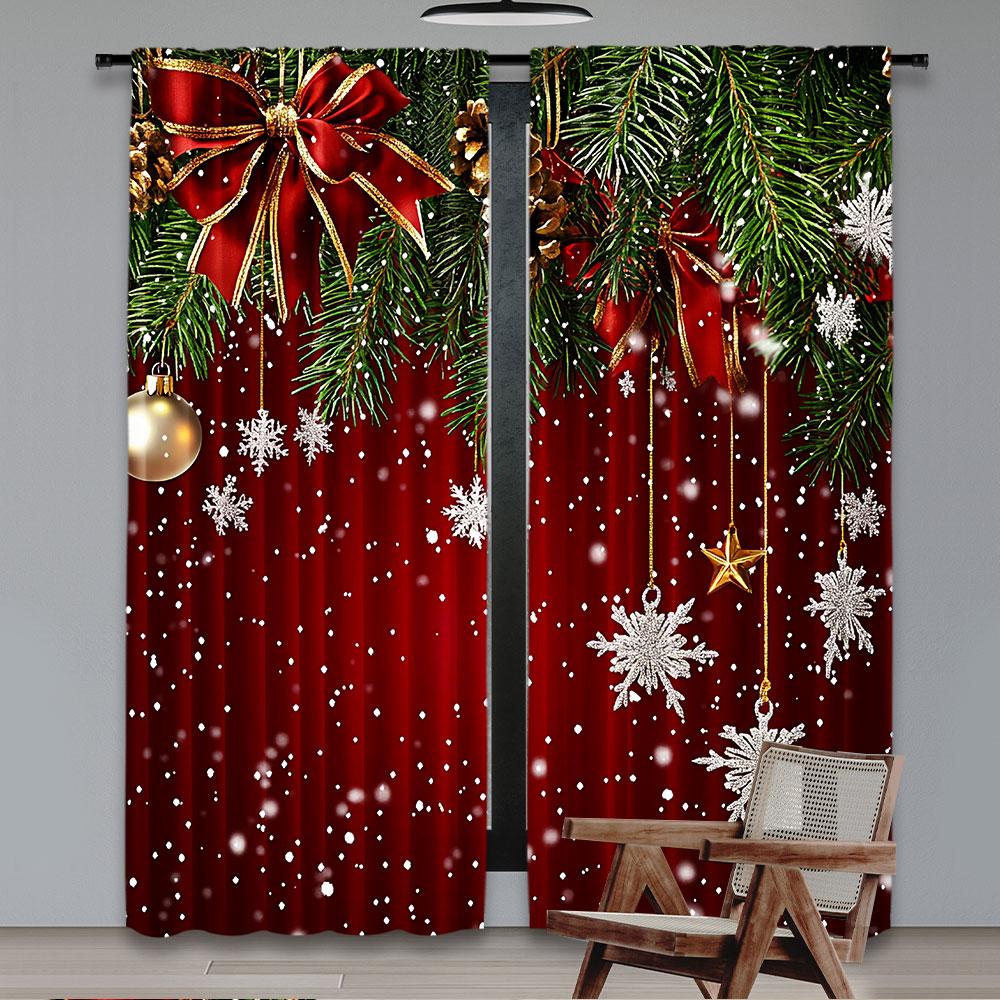 2Pcs Christmas Curtains Classical Pine Tree Snowflakes Red Green Xmas Room Suitable For Living Room Bedroom Kitchen And Bathroom
