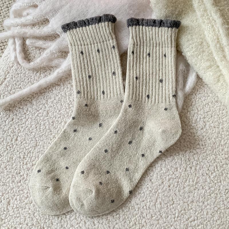 Polka Dot Wool Socks Children'S Stacking Socks Season Warm Retro Color Matching Lace Winter Velvet Thickened Stacking Socks