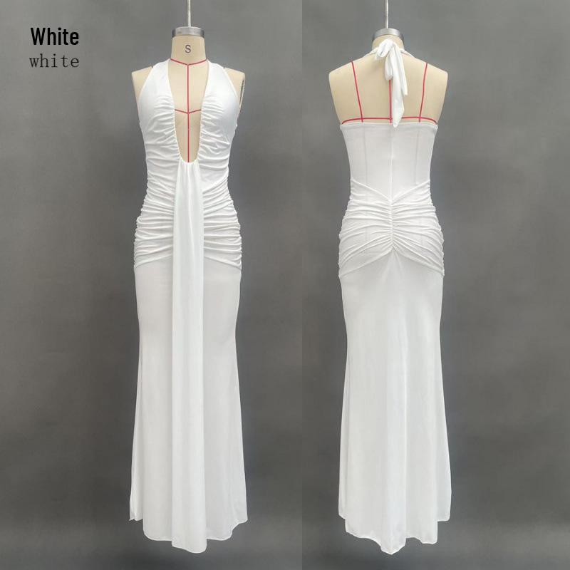 Elegant Halter Neck Deep V Waist-Cinching Long Fishtail Dress with Open Back and Flowing Ribbon