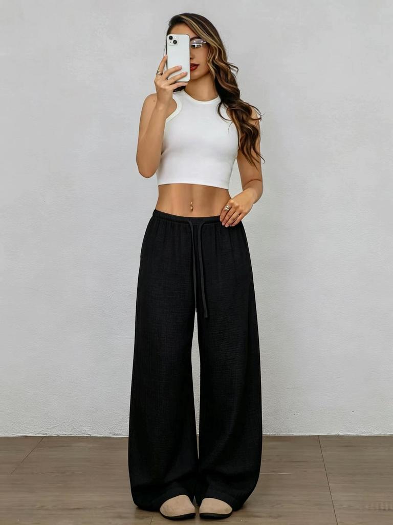 2026 Women's Pure Cotton Loose Solid Color Elastic Waist Wide-Leg Casual Pants
