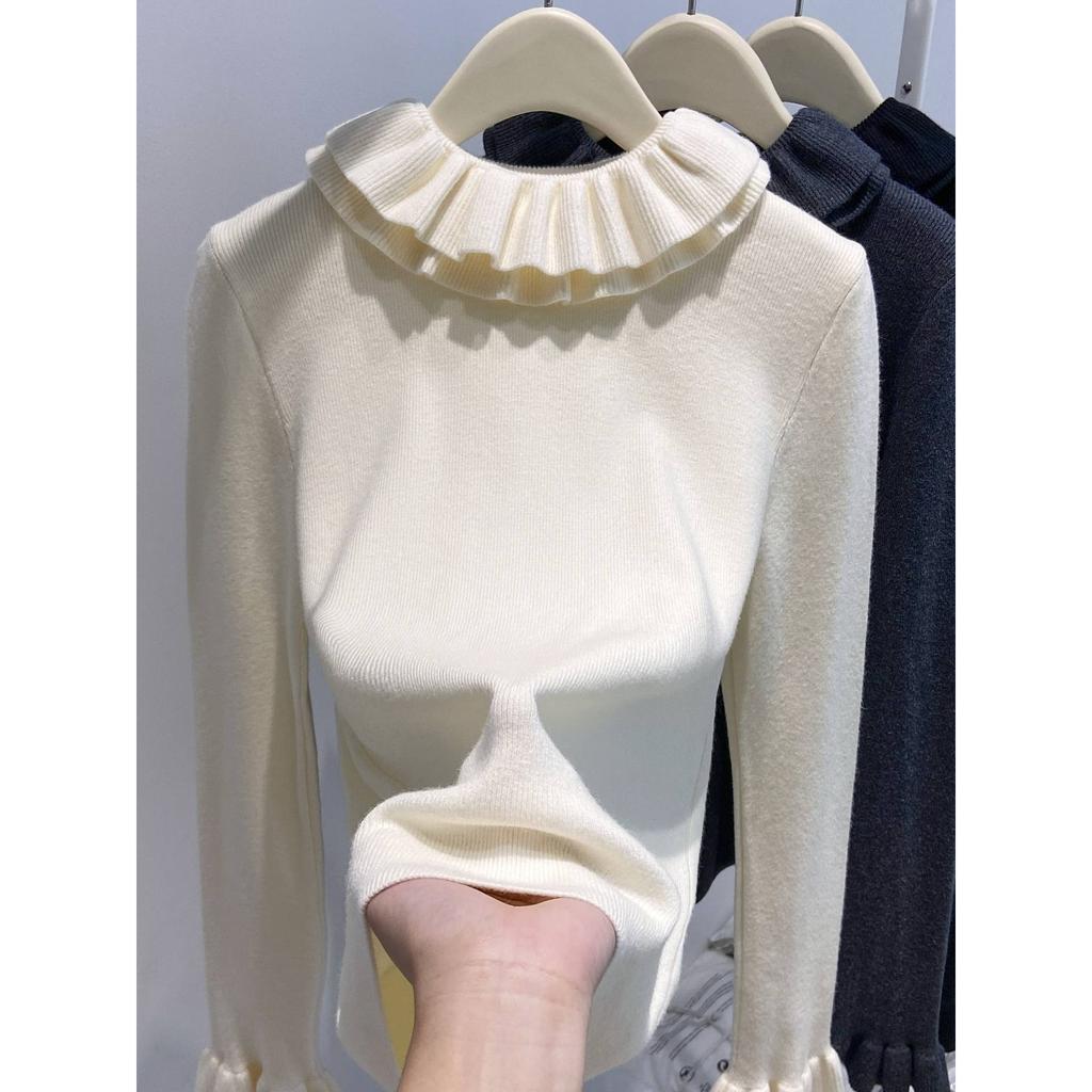 Premium Ruffle Edge Long-sleeved Knitted Sweater for Women's Autumn and Winter New Inner Sweater Bottoming Top