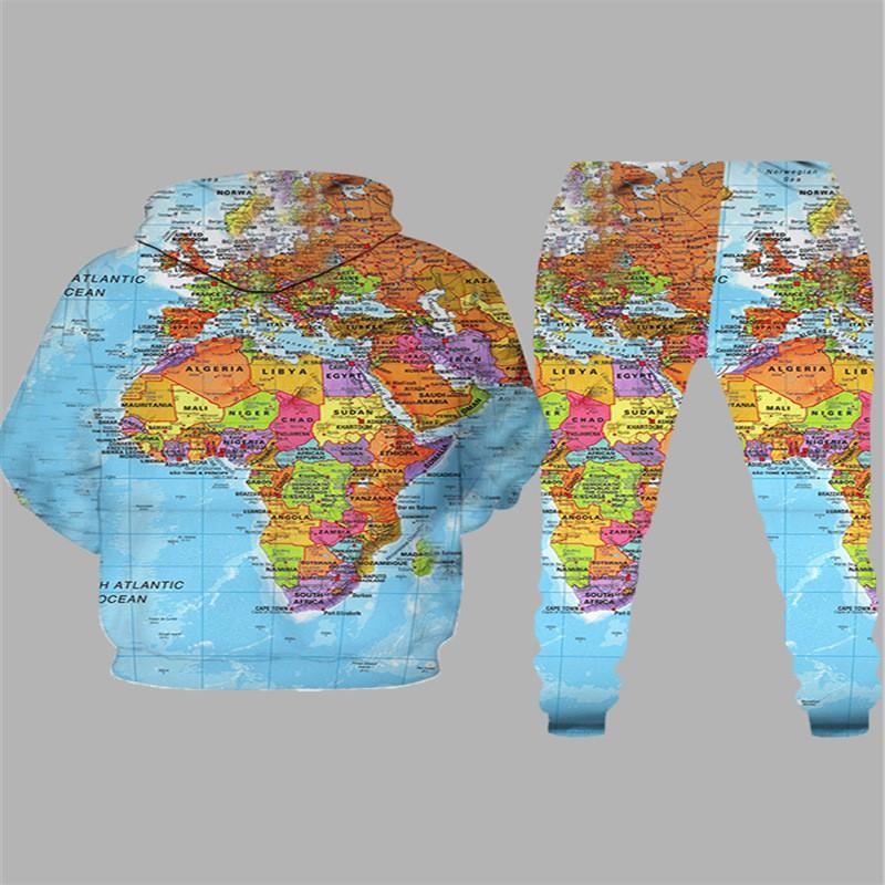 Colorful Map Print Couples Matching Hooded Sweatshirt Jogger Set Fall Casual Sportswear Men