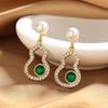 High-End Chinese Style Green Jade Gourd Large Stud Earrings with Pearls