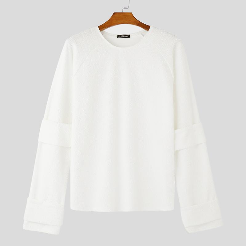 

INCERUN Men Round Neck Texture Stack Long Sleeve T-shirts Casual Loose Tops 5XL білий