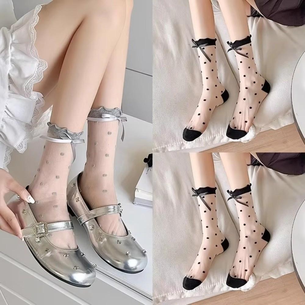 Crystal Silk Lolita Socks Ultra-thin Long Socks Sweet Lace Bow Socks Girls