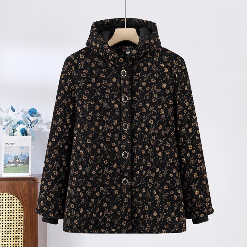 Elderly Women's Winter Fleece-Lined Cotton Jacket for 60s-70s Mom