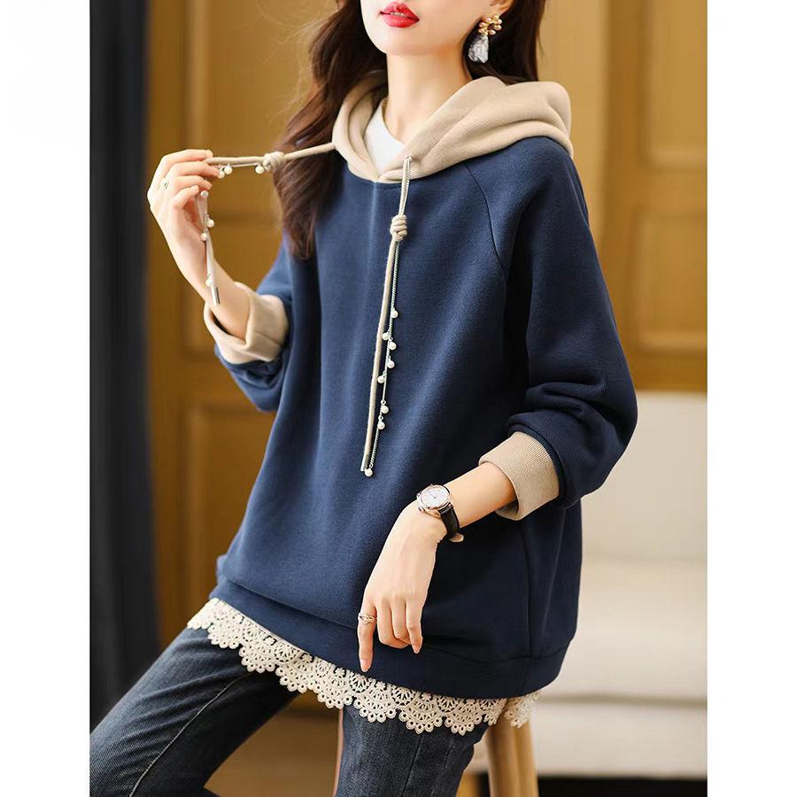 Spring Autumn Womens Hooded Sweatshirt European Style Color Block Loose Fit Long Sleeve Jacket