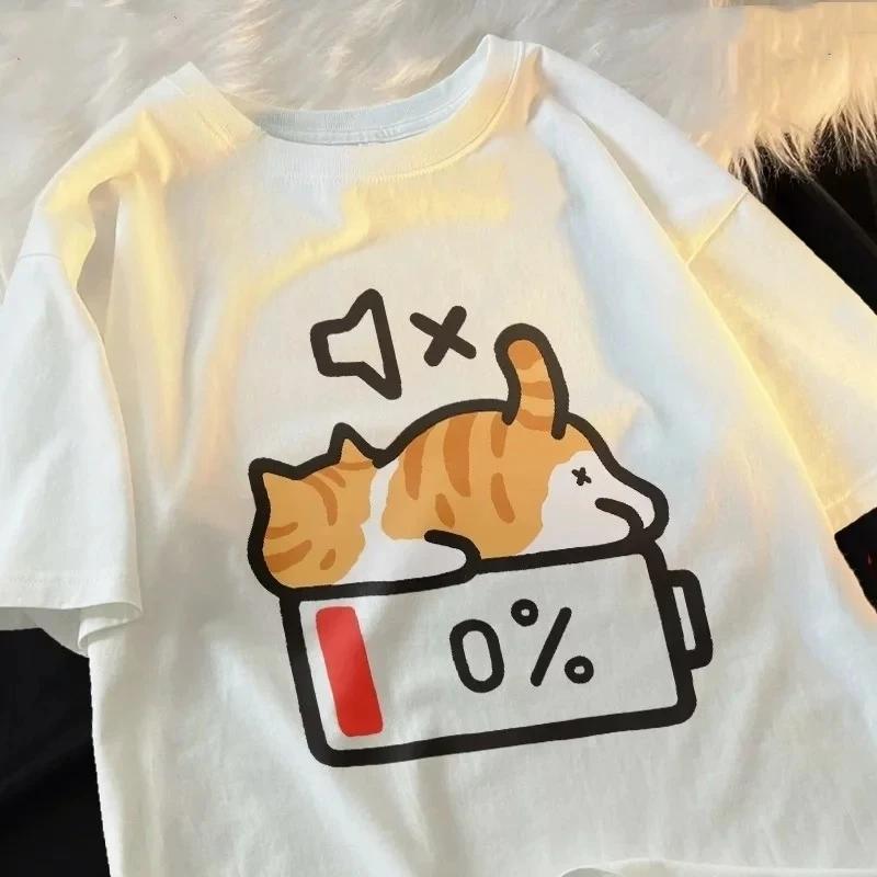 Cute Low Battery Cat Print Round Neck Short-Sleeve TShirt Summer Collection Woman Clothes T Shirt Aesthetic Clothes