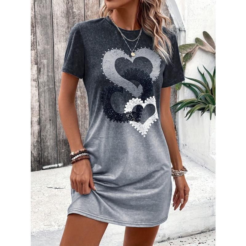 Women S Fashion Short Sleeve Heart Print Dress S