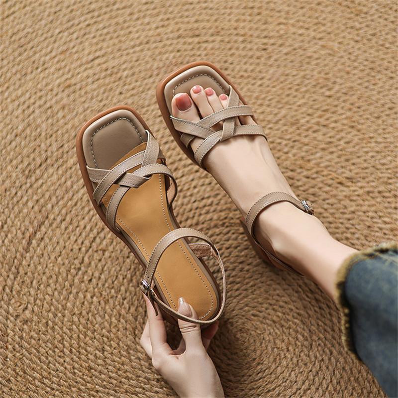 Fashion New Summer Sandals Sheep Leather Women Shoes Square Toe Chunky Heels Sandals for Women Fashion Roman Sandals Shoes High Heels