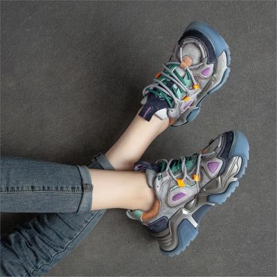 Fashion GKTINOO Platform Sneakers Women Genuine Leather Mixed Colors Round Toe Lace-Up Thick Sole Flats Ladies Shoes Handmade
