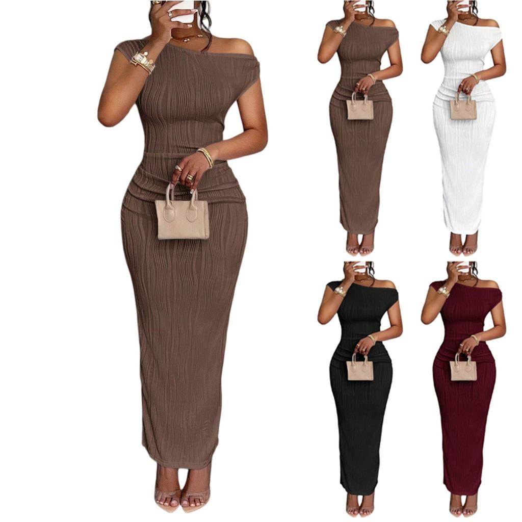Women's Summer Fashion Solid Color Sloping Shoulder Slim Fitting Date Party Dress