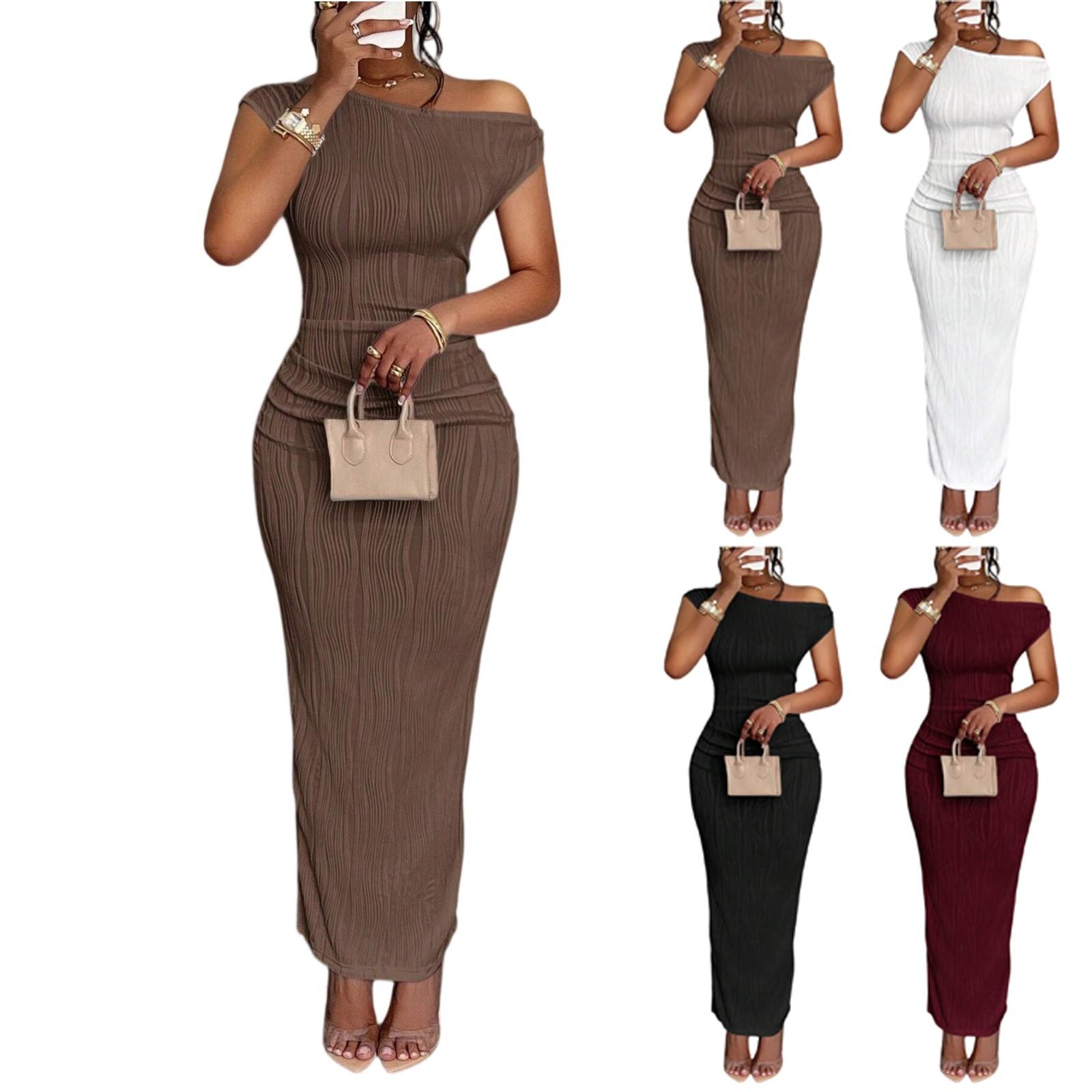 

Women s Summer Fashion Solid Color Sloping Shoulder Slim Fitting Date Party Dress L хакі