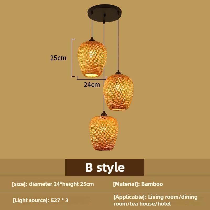 Bedroom Living Room Lantern Chandelier Stairs Retro Rattan Three-Head Hanging Light Bamboo Weaving Combination Creative Lamp
