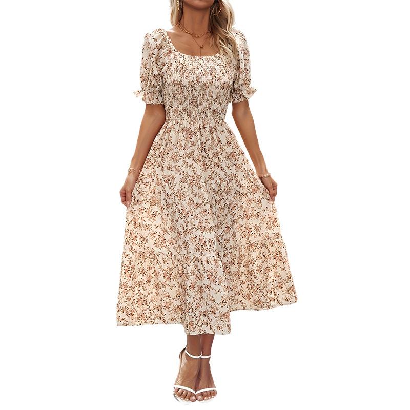 Elegant floral dress women's fashion slim-fitting simple short-sleeved dress loose and thin light long dress