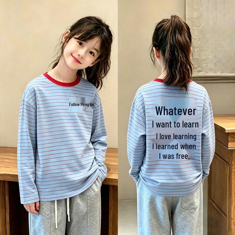 Stylish Girls' Striped Long-Sleeve T-Shirt for Ages 6-15 - Spring/Autumn Casual Base Layer Top