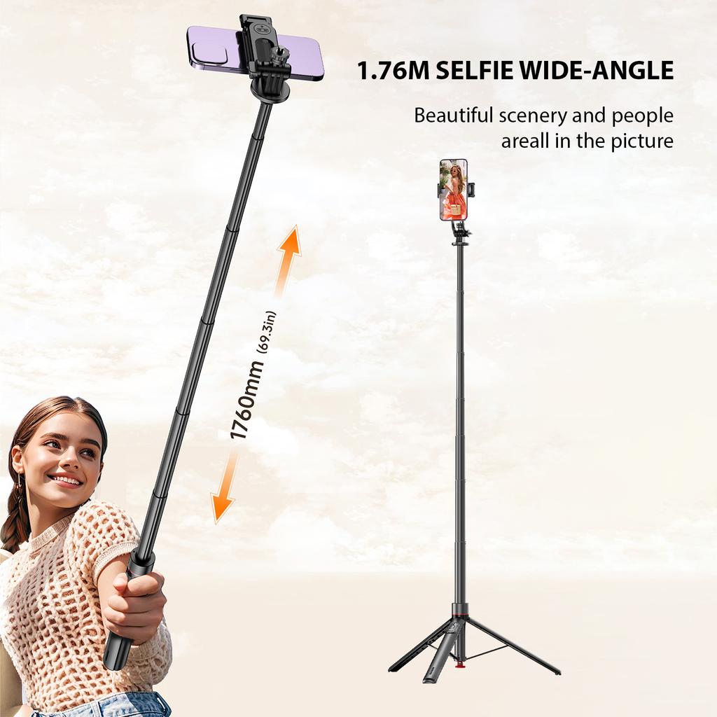 69.3 Extendable Selfie Stick with Remote Auto Opening Travel Tripod for Cell Phone 360 Degrees Rotation