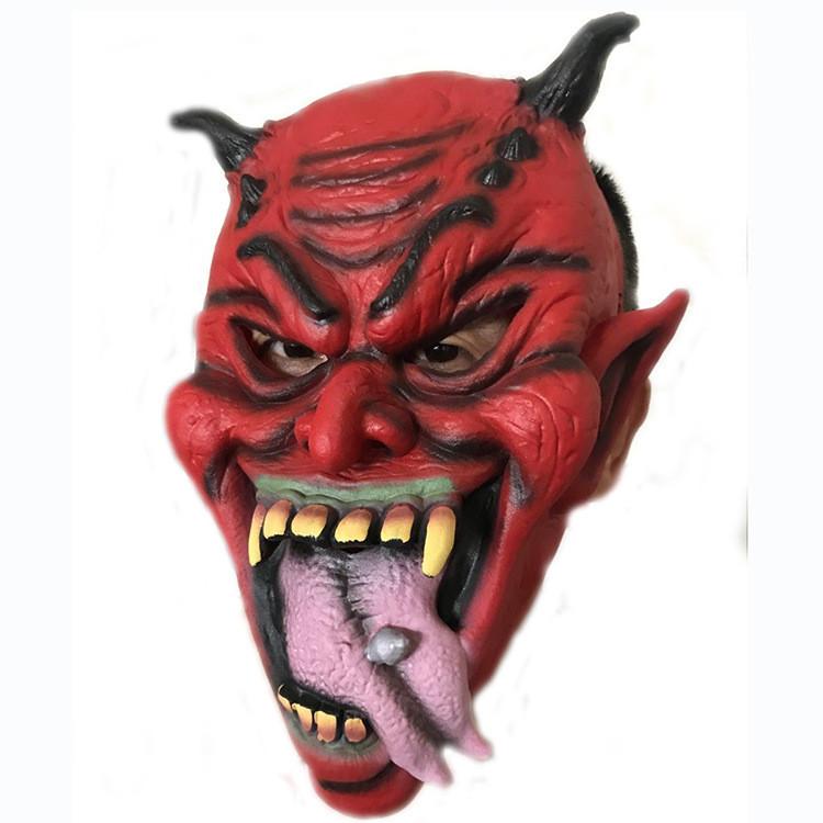 Exquisite Red Horned Mask With Long Tongue And Spikes Ideal For Halloween Celebrations