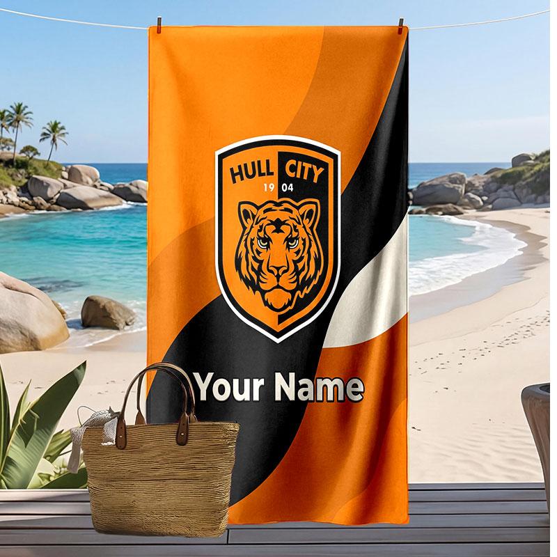 Asciugamano da Spiaggia Personalizzato Stampato Hull City Logo Calcio Supporto Nome Personalizzato Testo Asciugamano Assorbente Per Sport Viaggio Regalo Speciale