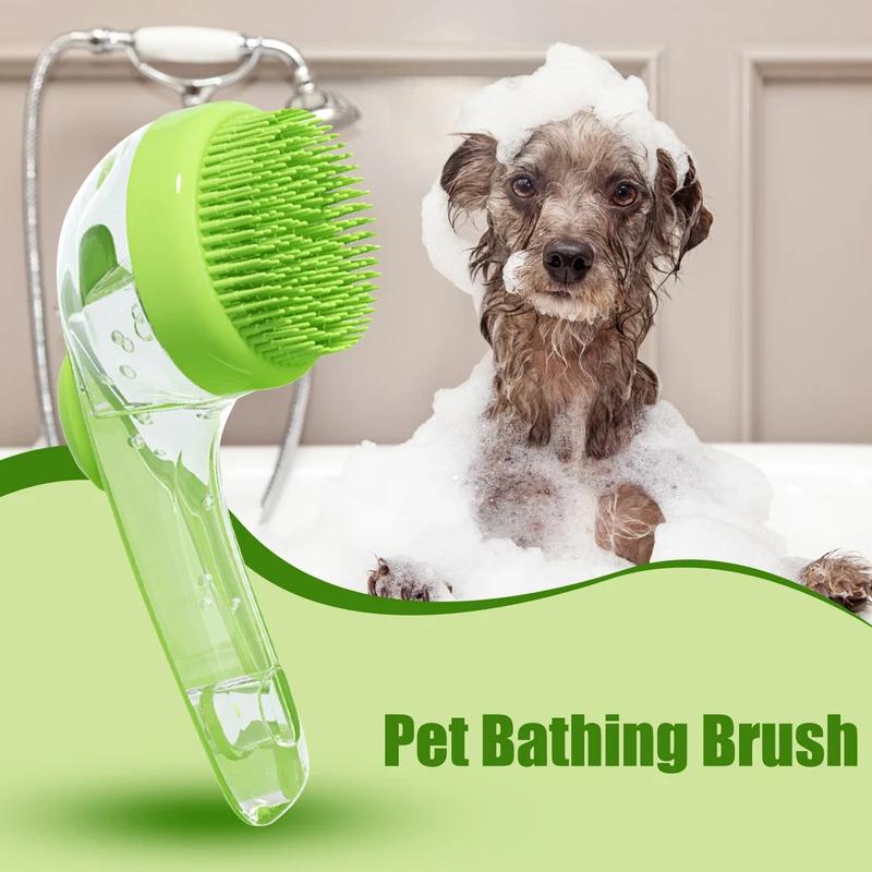 Pet Bath Brush Dog Shampoo Scrubber Gentle Silicone Massager with Soap Dispenser Portable Long Handle Shower Tool