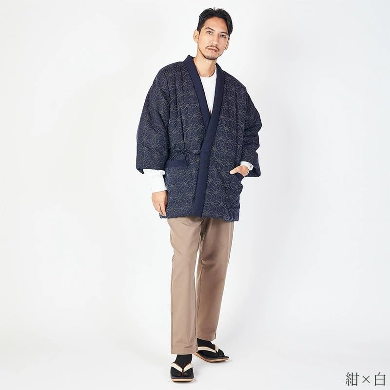 Watanosato Made in Japan Kurume Dobby Weave Hemp Leaf Pattern Hanten Jacket with Front Closure Navy Blue and (Watano Sato) Men's (Free Size, White)
