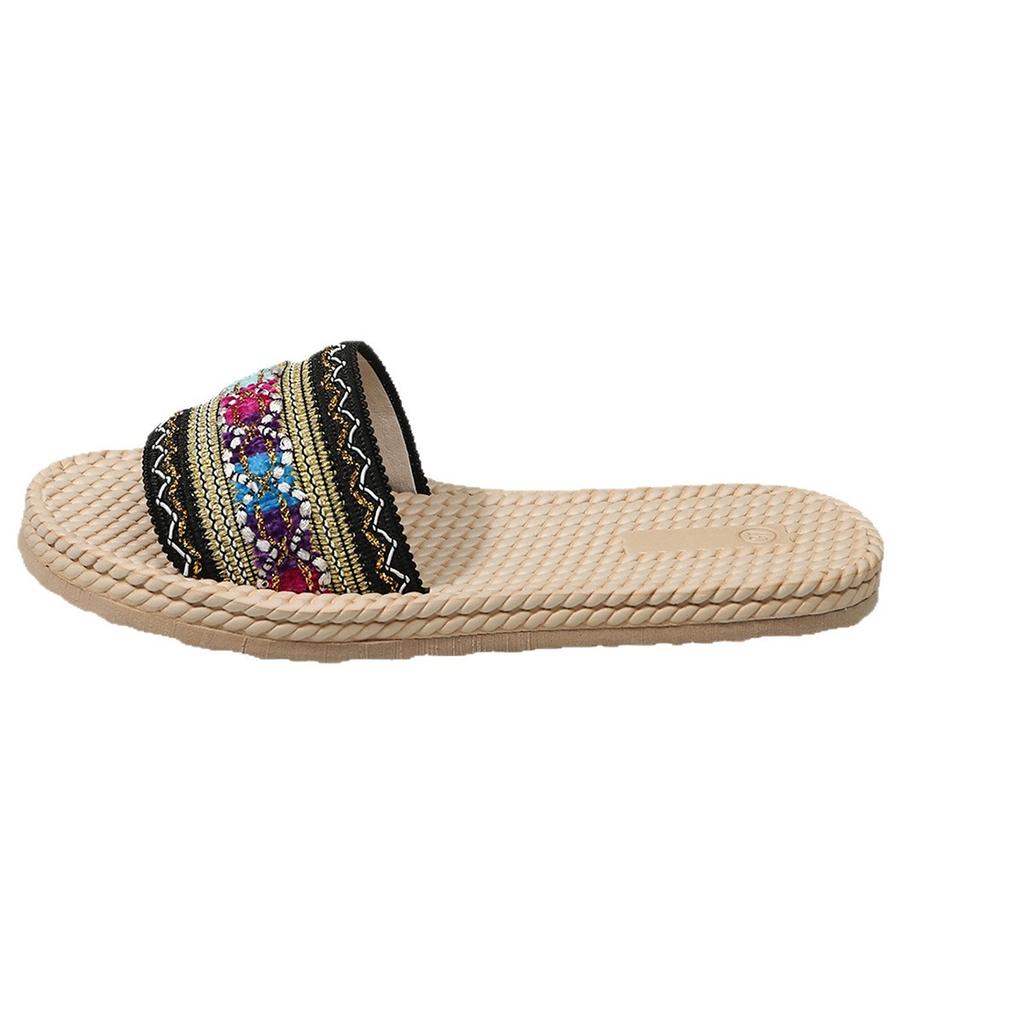 Large Size Bohemian Woven Flat-bottomed Slippers Women's Summer Ethnic Style Breathable Beach Slippers Women's Shoes
