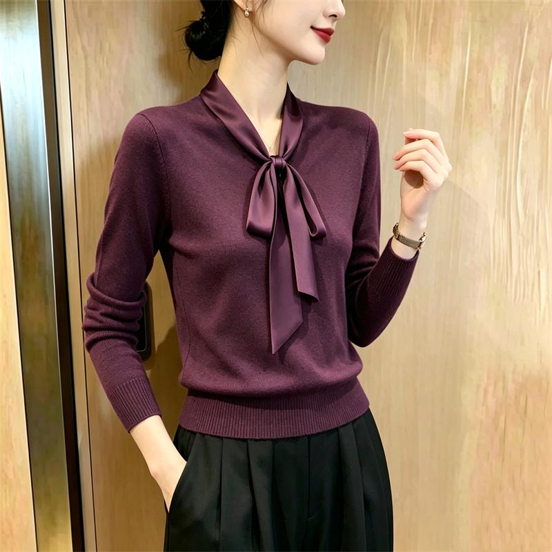Women S Long Sleeve Knit Top With Bow Detail Slim Fit Inner Wear