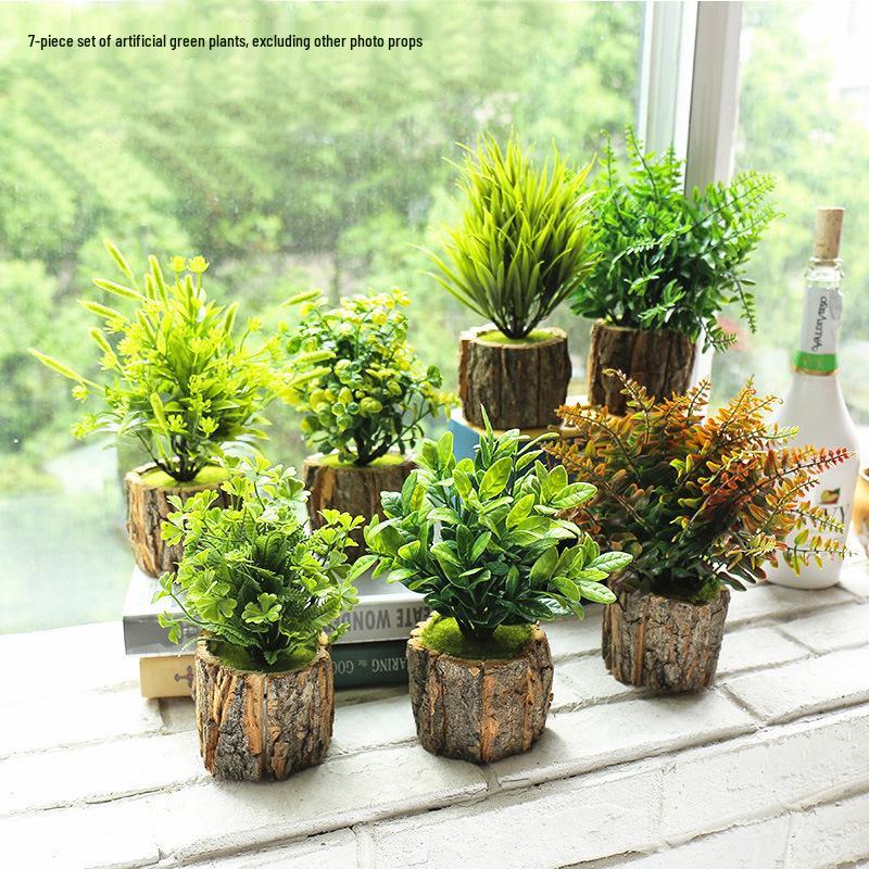 Creative Wooden Basin with Artificial Green Plant Bonsai Ornament for Display and Decoration.
