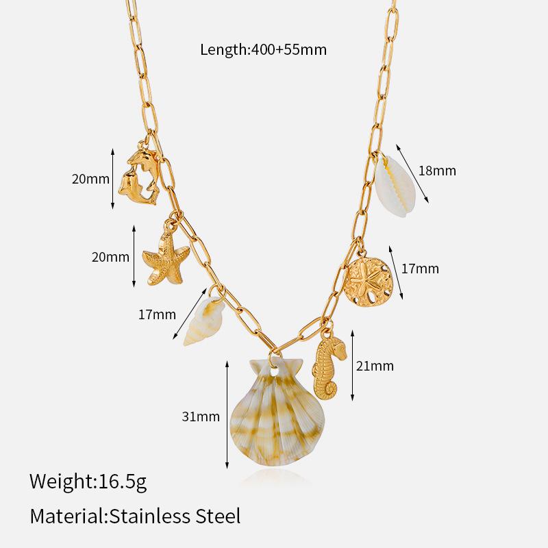 European and American fashion ocean style multi-element necklace shell starfish pendant light luxury niche stainless steel necklace women's necklace