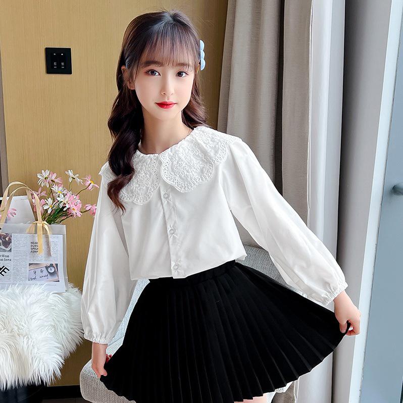 Spring/Summer 2025 College Style Long-Sleeve White Doll Collar Shirt for Girls