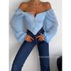 Women Off Shoulder Corset Top Long Sheer Mesh Sleeve Zip Front Blouse