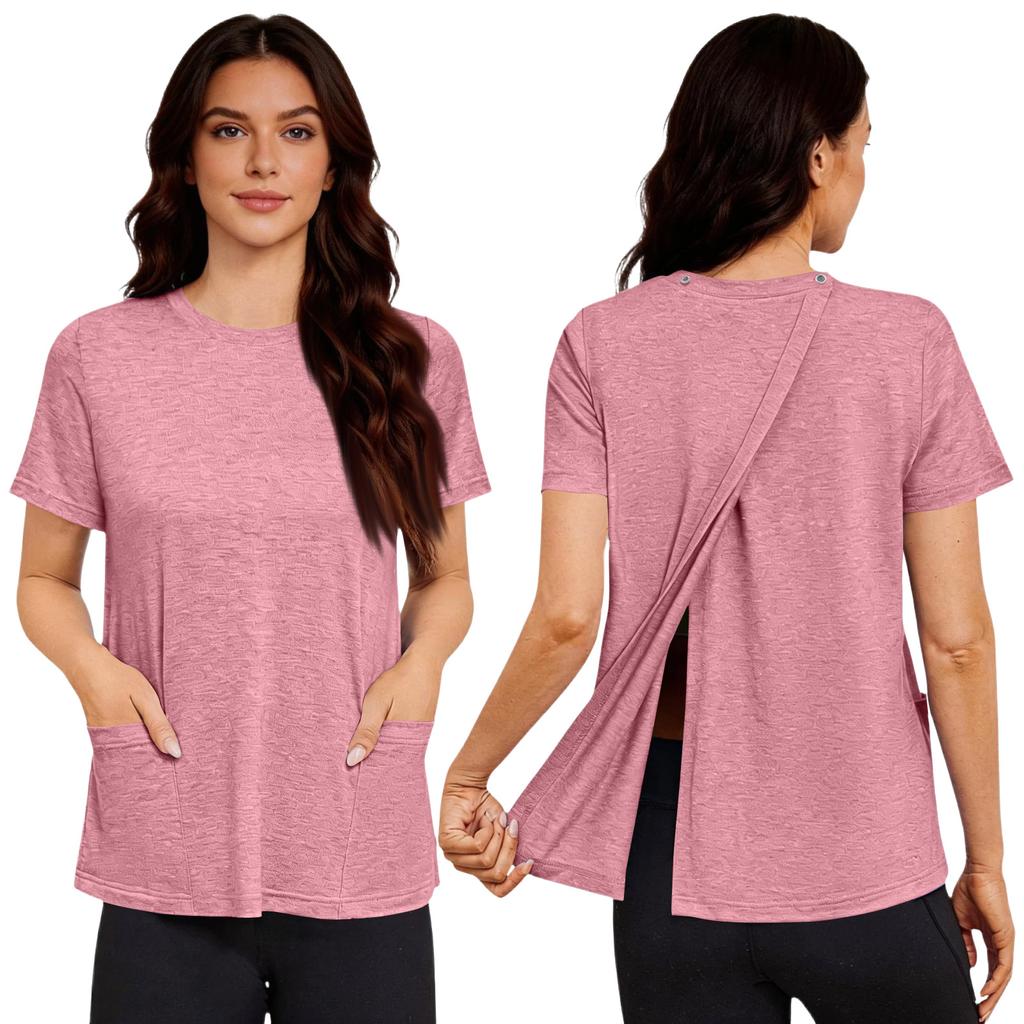 Camicia da donna post-operatoria a maniche corte colorata con chiusura posteriore e tasca