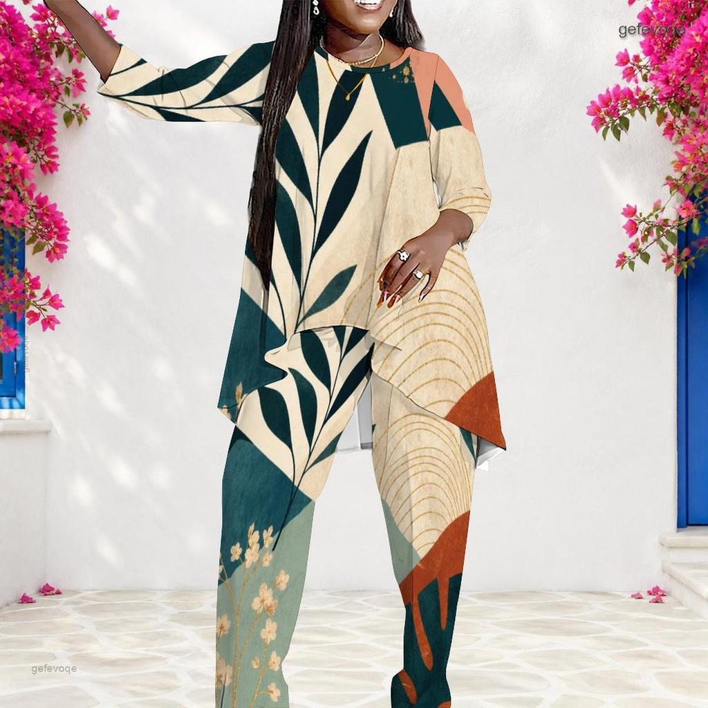 Women Plus Size Printed Round Neck Long Sleeve Layered Top Long Pants Two Piece Set