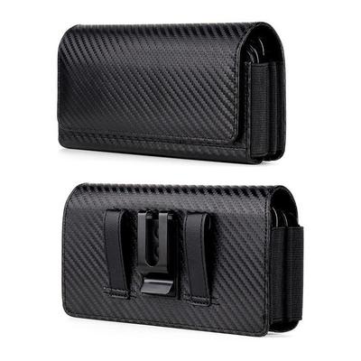 Carbon Fiber Pattern Leather Waist Phone Bag, Dual Layer with Belt Loop, Fits 6.7-inch Phones, Horizontal, Iron Back Buckle, Card Slots.