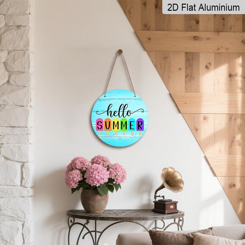 2D Flat Summer Popsicle Aluminum Decorative Signs and Plaques in Various Sizes. "Hello Summer" Rainbow Popsicle Pattern Wall Decorations, Suitable