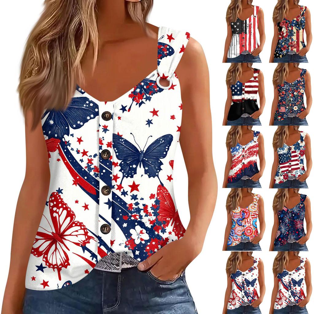 Women's Fashion Casual Loose Sleeveless Buttoned V-Neck Independence Day Printed T-Shirt Top