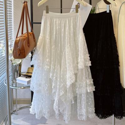 Women Cake Skirt Elastic High Waist Splicing Asymmetric Jacquard Tulle Skirt Solid